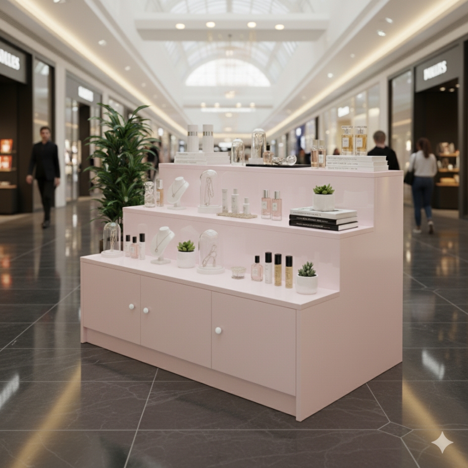 Ảnh màu hồng: Kệ trưng bày mỹ phẩm 3 tầng gỗ MDF phủ Melamine màu hồng pastel kích thước 120x75x80 cm, phù hợp shop mỹ phẩm và spa.