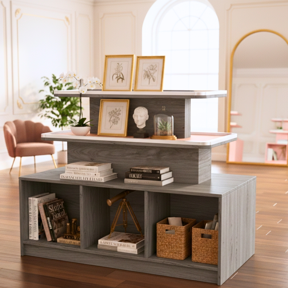 Kệ trưng bày mỹ phẩm 3 tầng gỗ MDF phủ Melamine màu xám kích thước 120x60x100 cm, thiết kế hiện đại cho showroom và cửa hàng.