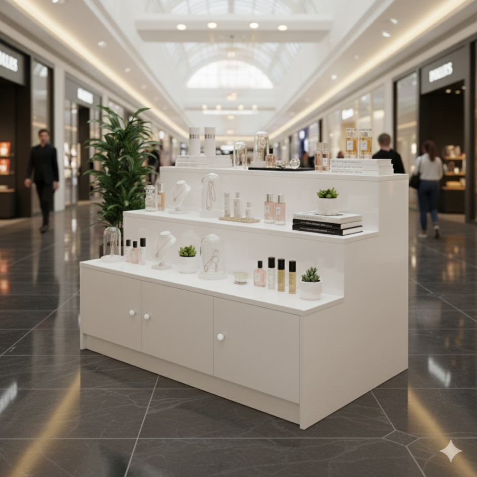 Ảnh màu trắng: Kệ trưng bày mỹ phẩm 3 tầng gỗ MDF phủ Melamine màu trắng kích thước 120x75x80 cm, thiết kế hiện đại cho showroom và cửa hàng.