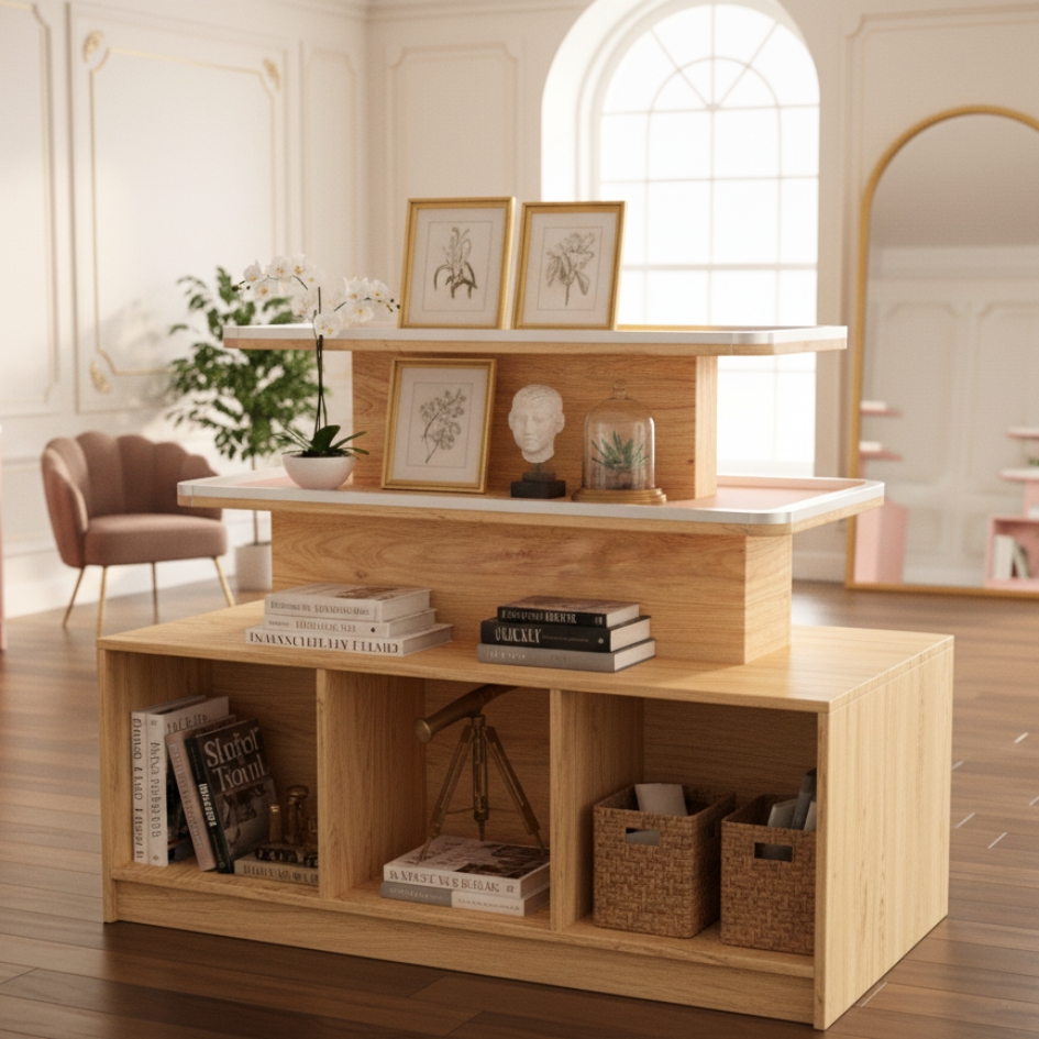 Ảnh màu hồng: Kệ trưng bày mỹ phẩm 3 tầng gỗ MDF phủ Melamine màu hồng pastel kích thước 120x60x100 cm, phù hợp shop mỹ phẩm và spa.