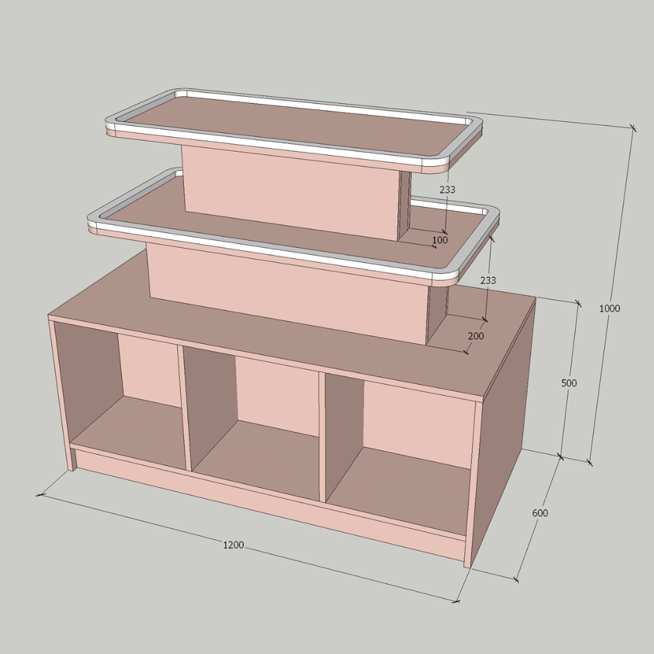 Ảnh màu hồng: Kệ trưng bày mỹ phẩm 3 tầng gỗ MDF phủ Melamine màu hồng pastel kích thước 120x60x100 cm, phù hợp shop mỹ phẩm và spa.