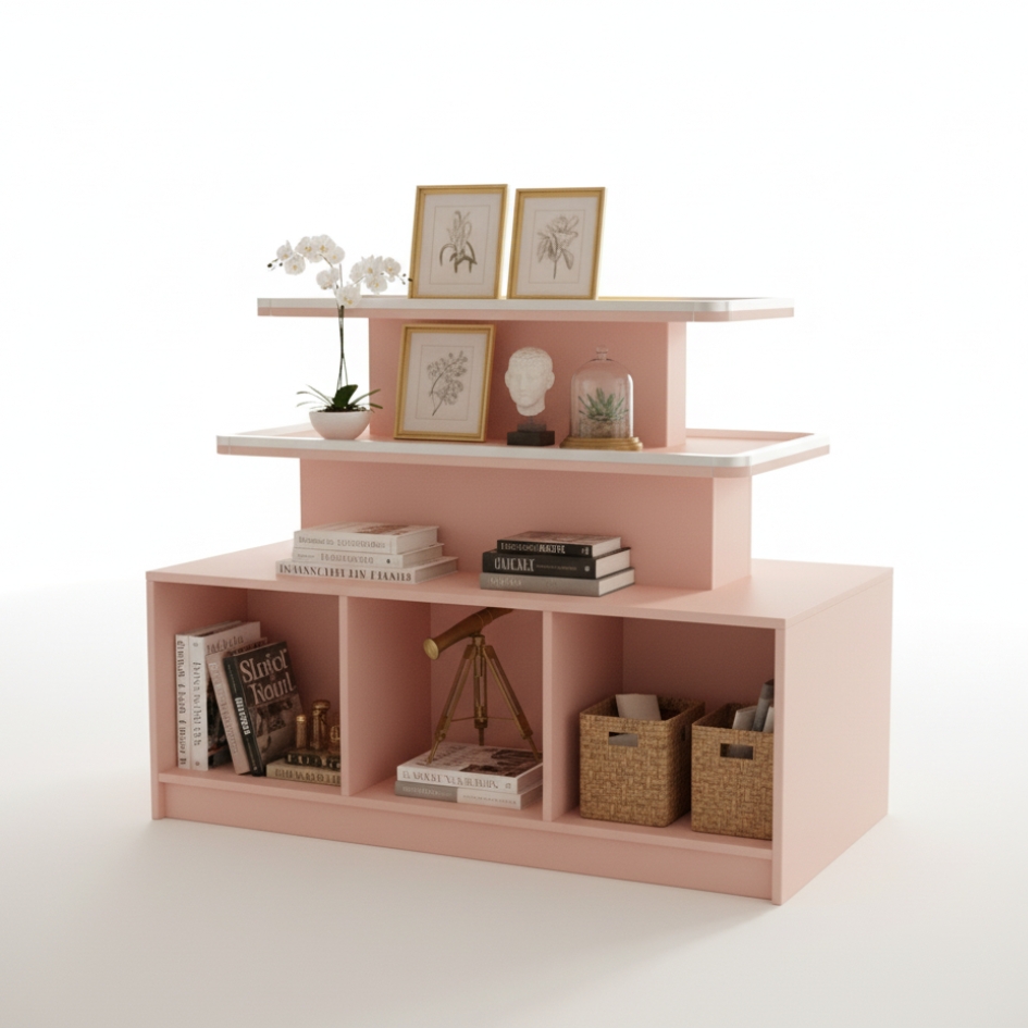 Ảnh màu hồng: Kệ trưng bày mỹ phẩm 3 tầng gỗ MDF phủ Melamine màu hồng pastel kích thước 120x60x100 cm, phù hợp shop mỹ phẩm và spa.