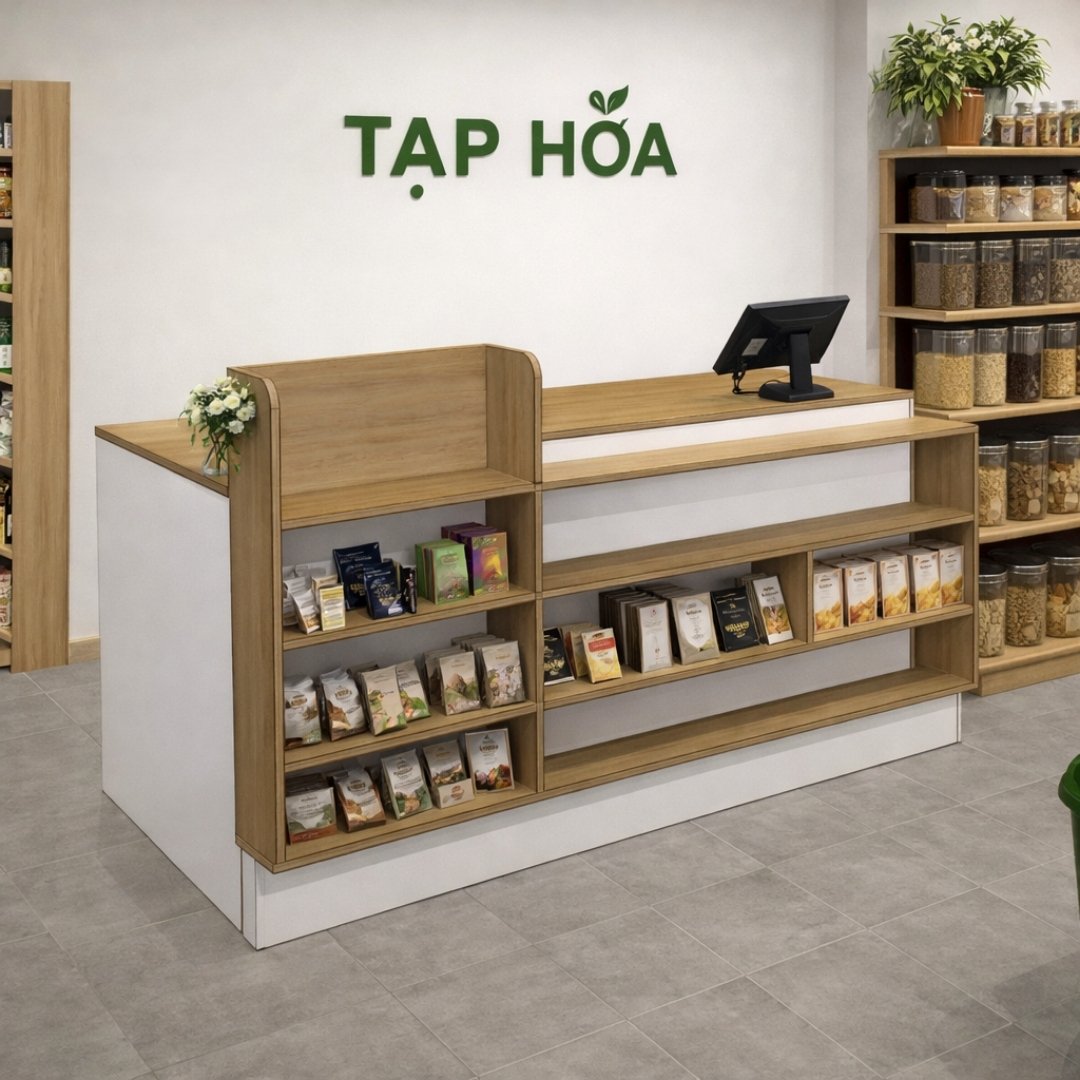 Quầy Thu Ngân MDF Melamine 180x50x85cm Kệ Trưng Bày Kết Hợp Hiện Đại KN Home Decor