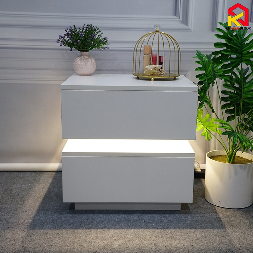 Tab đầu giường MDF phủ Melamine thiết kế tối giản, phát sáng, có ngăn kéo tiện dụng, thương hiệu KN Home Decor.