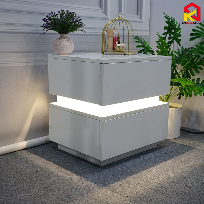 Tab đầu giường MDF phủ Melamine thiết kế tối giản, phát sáng, có ngăn kéo tiện dụng, thương hiệu KN Home Decor.