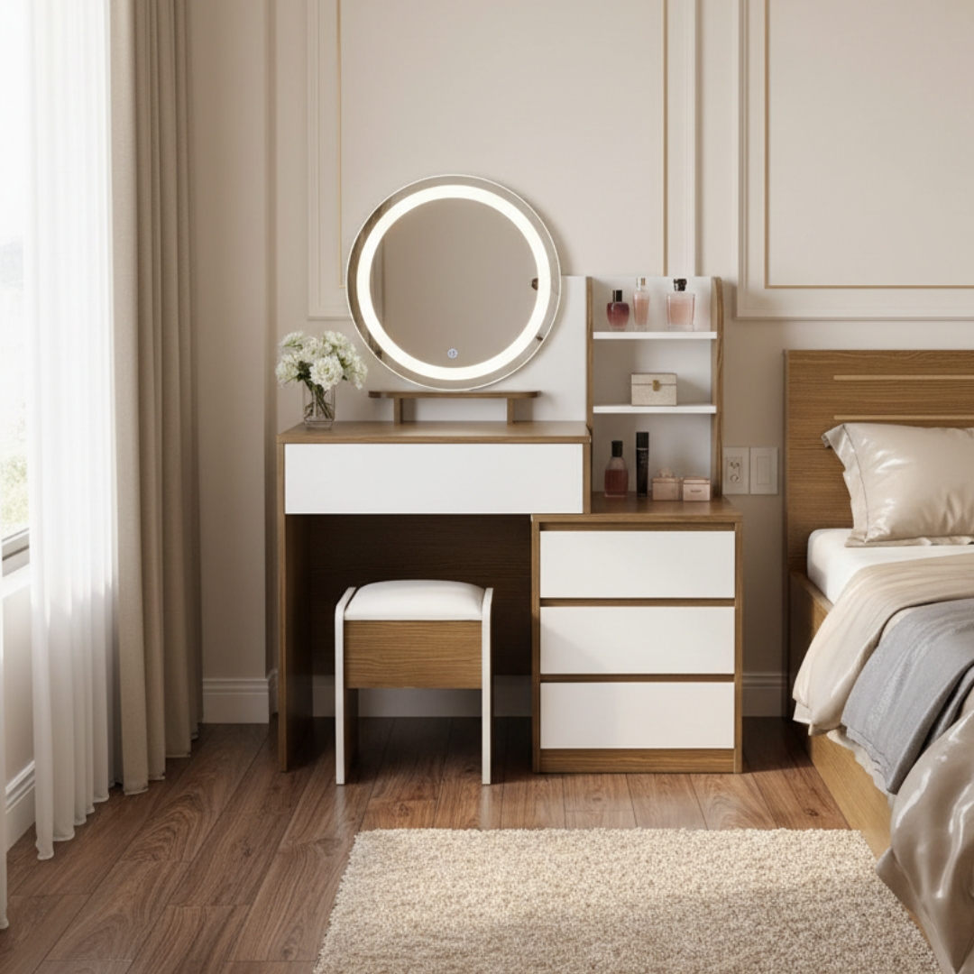 Bàn trang điểm MDF phủ Melamine có gương Led và ngăn để mỹ phẩm, thiết kế thanh lịch, thương hiệu KN Home Decor