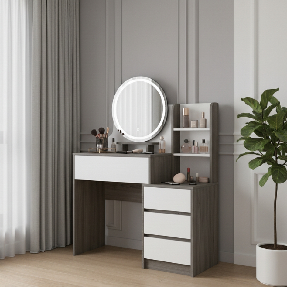 Bàn trang điểm MDF phủ Melamine có gương Led và ngăn để mỹ phẩm, thiết kế thanh lịch, thương hiệu KN Home Decor