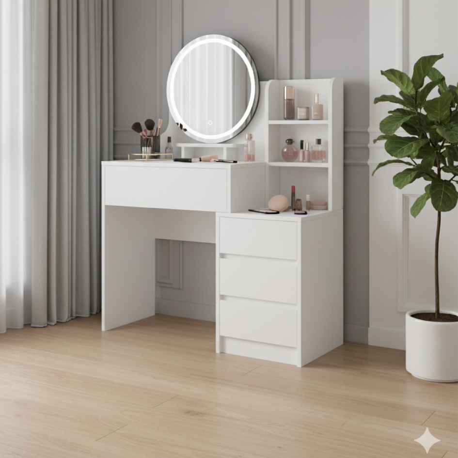 Bàn trang điểm MDF phủ Melamine có gương Led và ngăn để mỹ phẩm, thiết kế thanh lịch, thương hiệu KN Home Decor