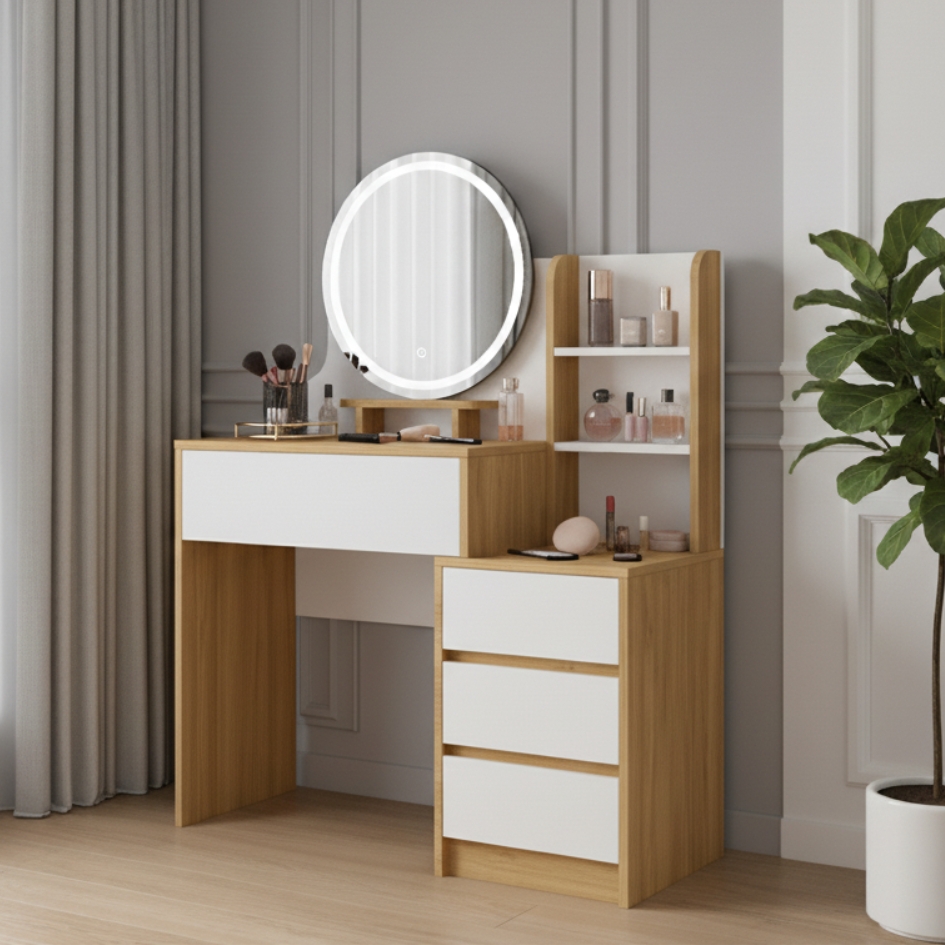 Bàn trang điểm MDF phủ Melamine có gương Led và ngăn để mỹ phẩm, thiết kế thanh lịch, thương hiệu KN Home Decor