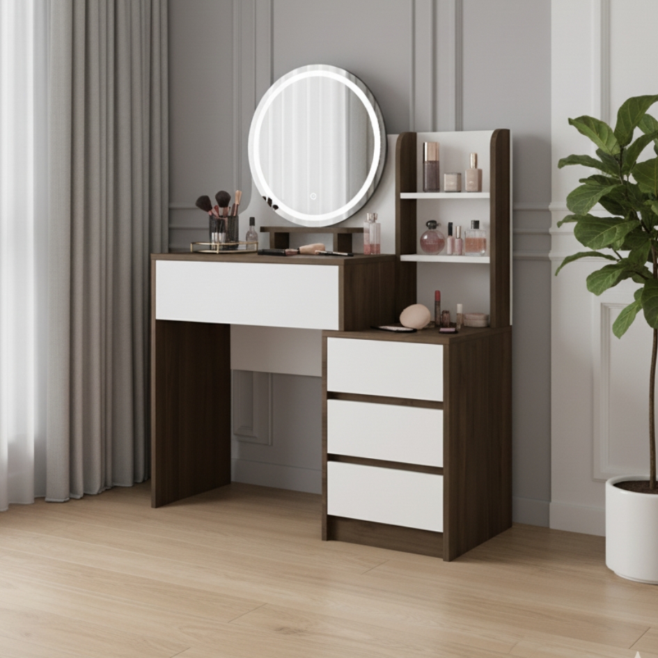 Bàn trang điểm MDF phủ Melamine có gương Led và ngăn để mỹ phẩm, thiết kế thanh lịch, thương hiệu KN Home Decor
