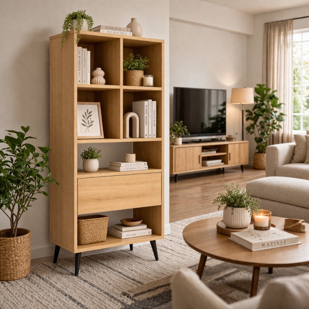 Tủ Buffet MDF Melamine 50x30x115cm Kệ Trang Trí Đa Năng Chân Sắt Hiện Đại KN Home Decor