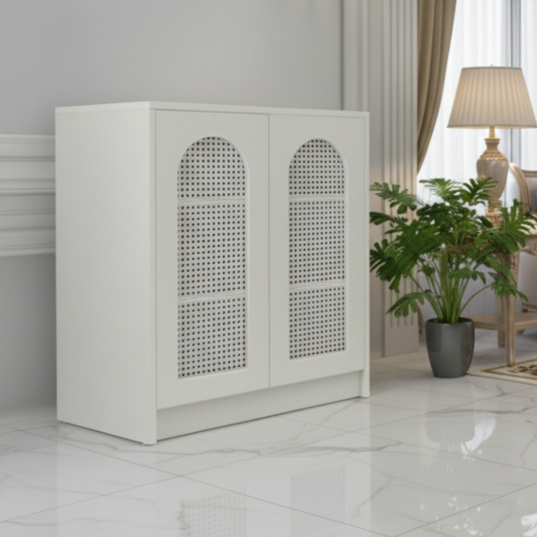 Tủ đa năng gỗ MDF phủ Melamine phối cánh mây nhựa đan thông thoáng, thiết kế hiện đại, thương hiệu KN Home Decor.