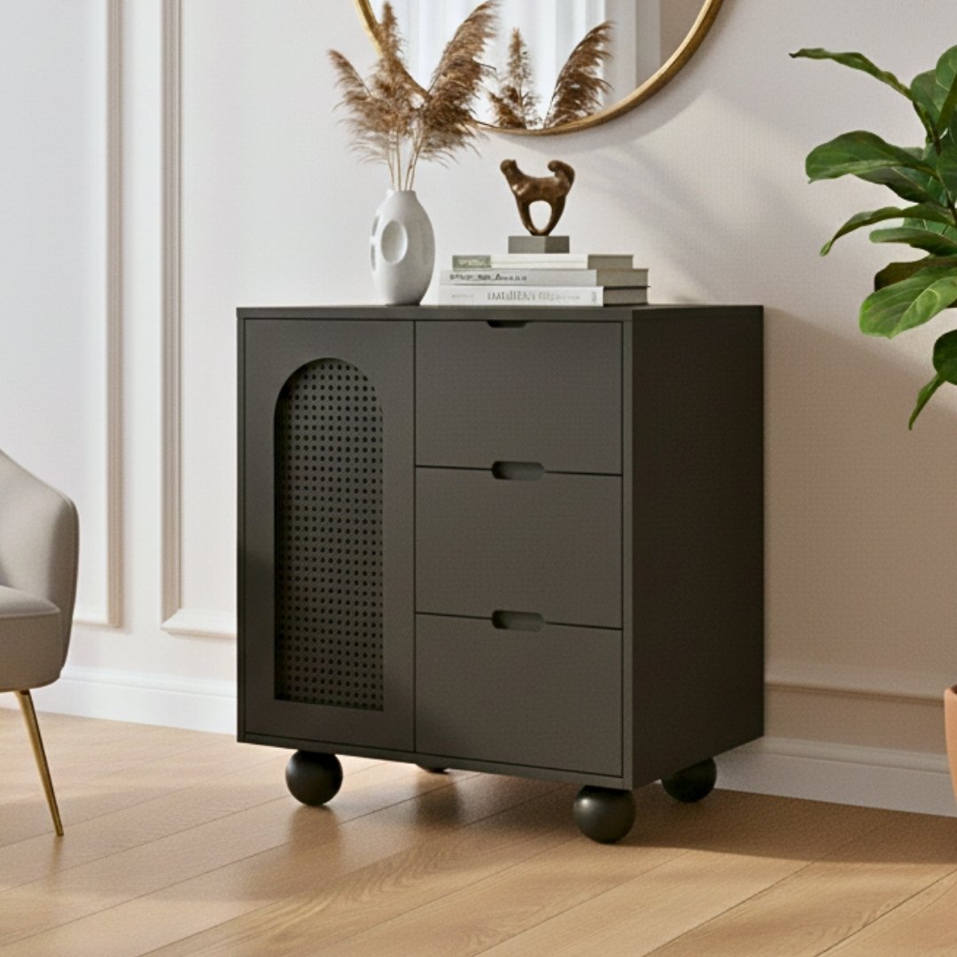 Tủ đa năng gỗ MDF phủ Melamine phối cánh mây nhựa đan thông thoáng, thiết kế hiện đại, thương hiệu KN Home Decor.