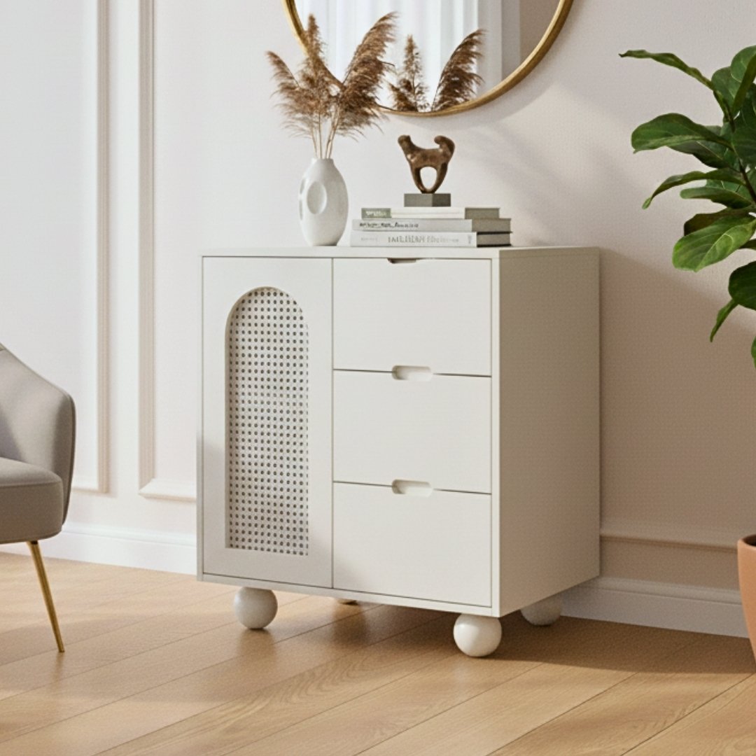 Tủ đa năng gỗ MDF phủ Melamine phối cánh mây nhựa đan thông thoáng, thiết kế hiện đại, thương hiệu KN Home Decor.