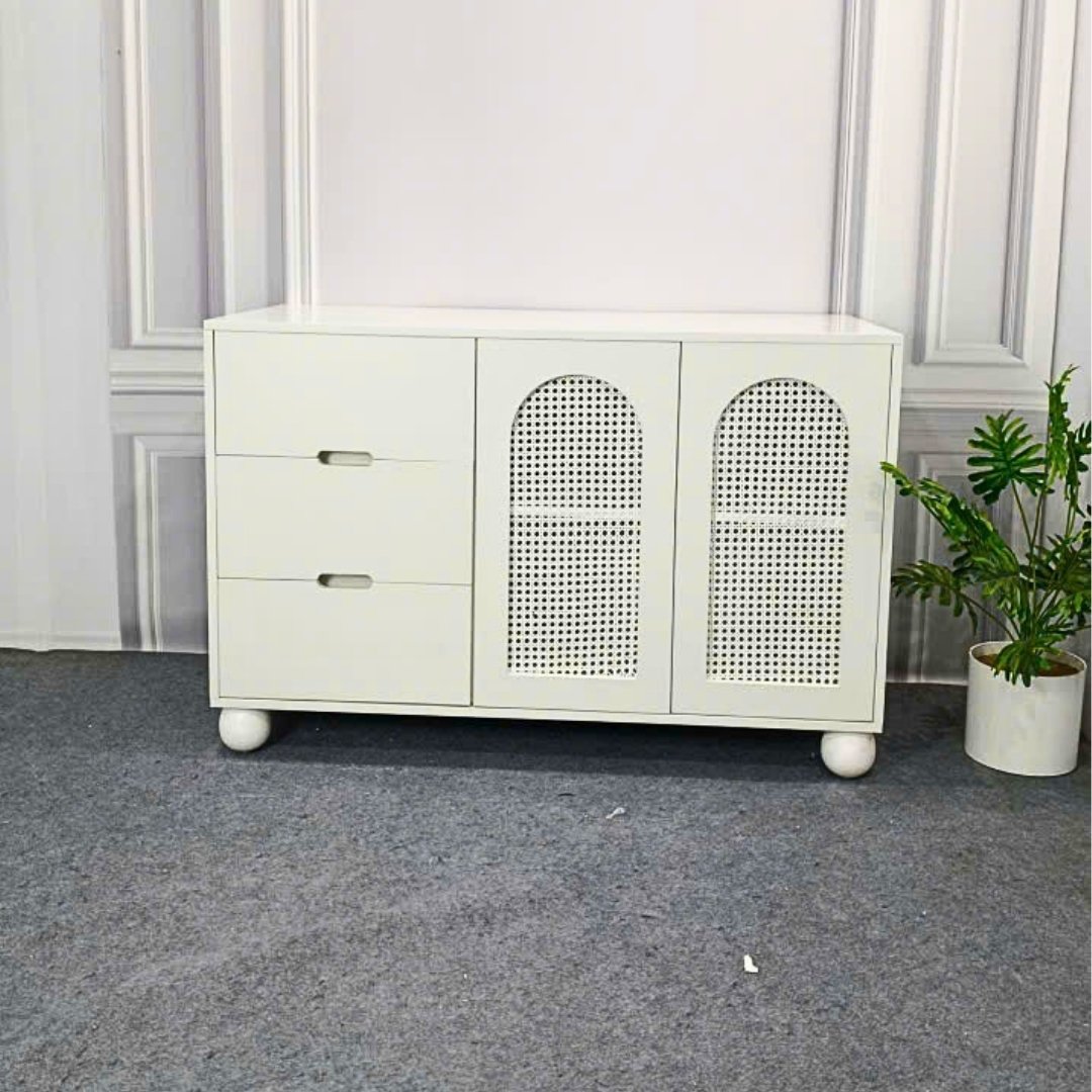 Tủ đa năng gỗ MDF phủ Melamine phối cánh mây nhựa đan thông thoáng, thiết kế hiện đại, thương hiệu KN Home Decor.