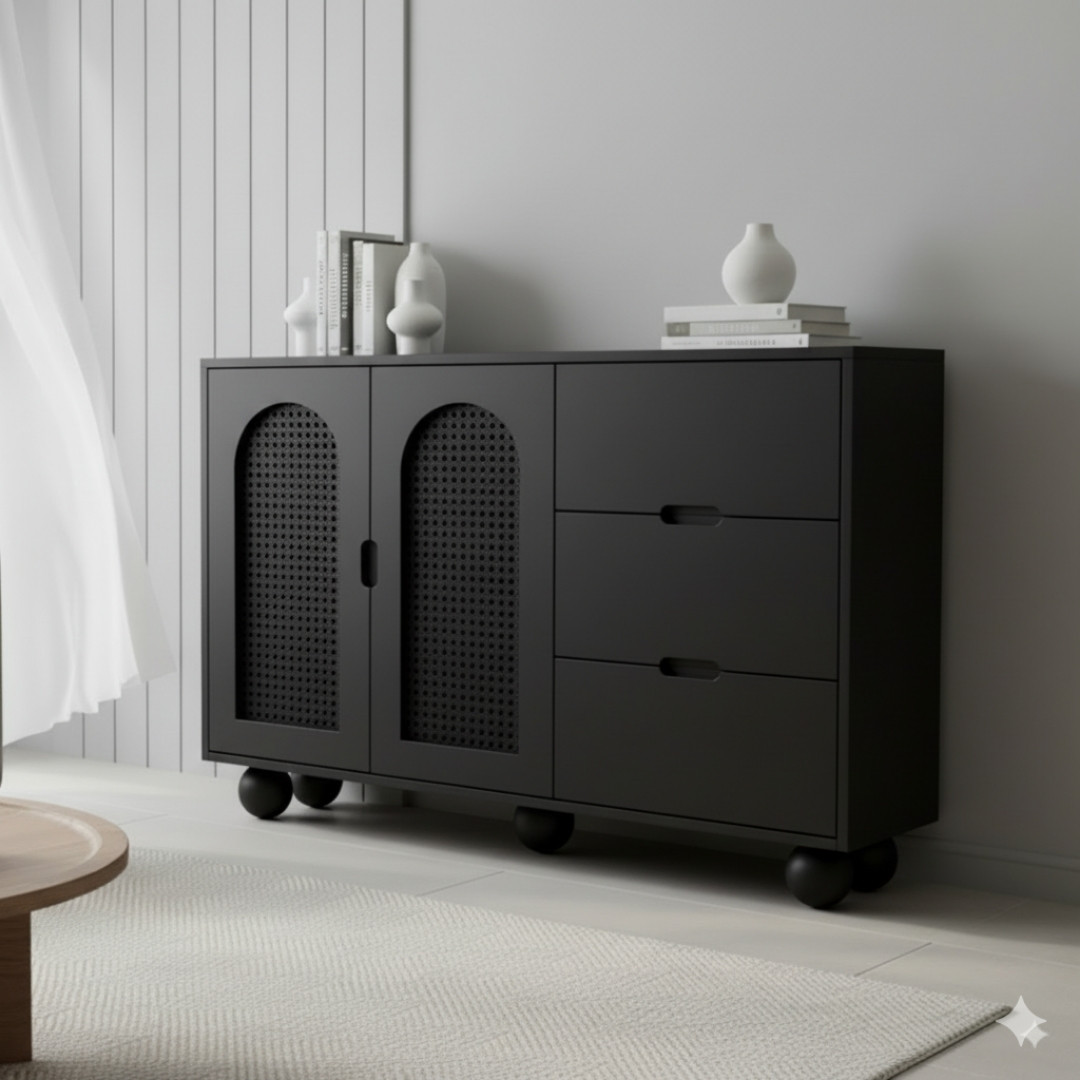 Tủ đa năng gỗ MDF phủ Melamine phối cánh mây nhựa đan thông thoáng, thiết kế hiện đại, thương hiệu KN Home Decor.