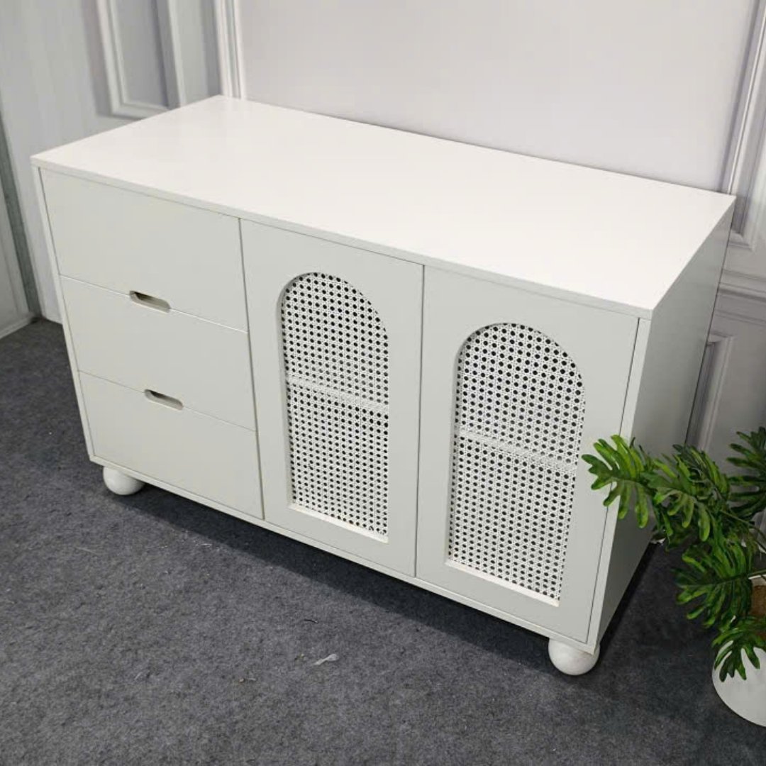 Tủ đa năng gỗ MDF phủ Melamine phối cánh mây nhựa đan thông thoáng, thiết kế hiện đại, thương hiệu KN Home Decor.