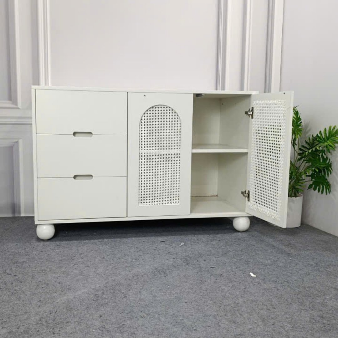 Tủ đa năng gỗ MDF phủ Melamine phối cánh mây nhựa đan thông thoáng, thiết kế hiện đại, thương hiệu KN Home Decor.