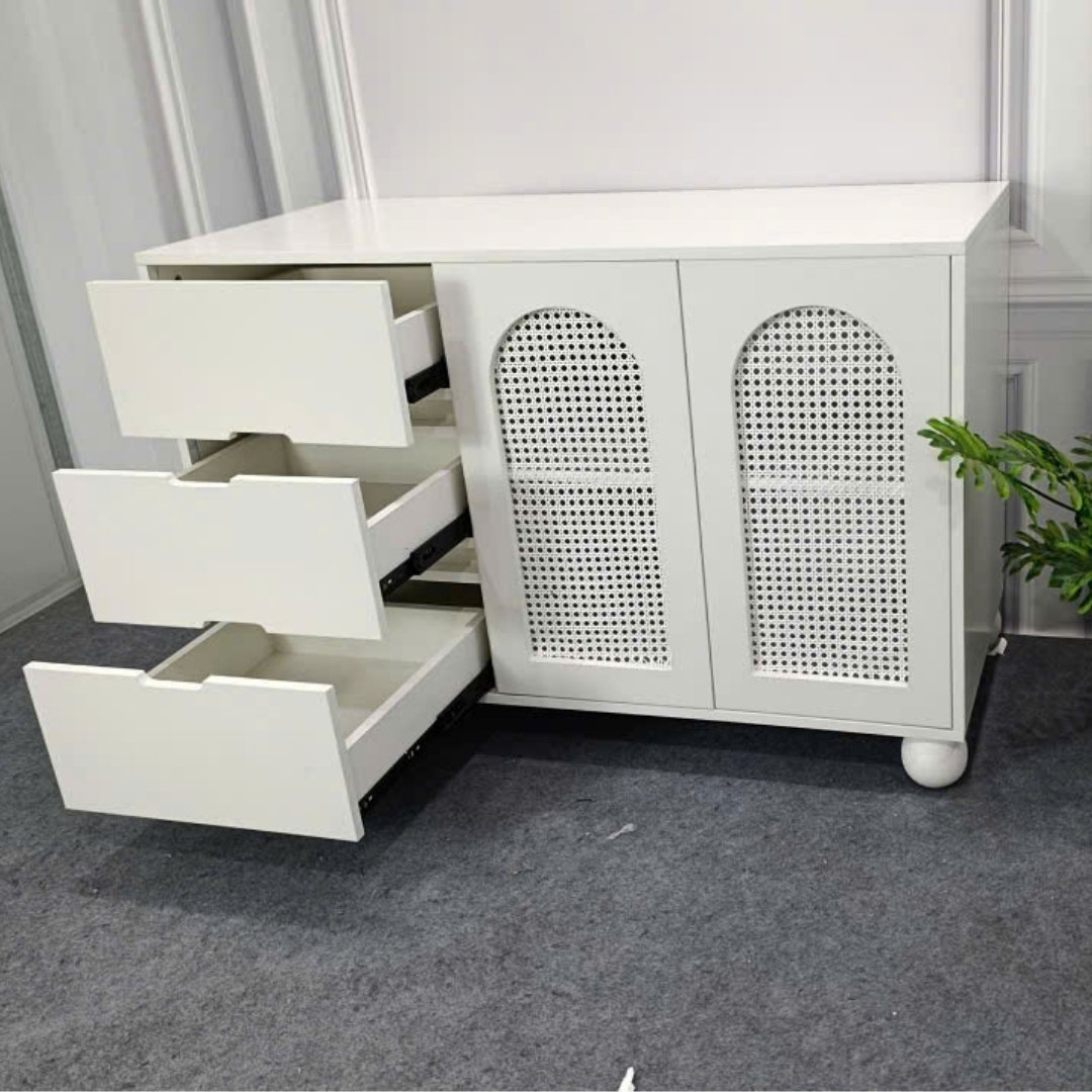 Tủ đa năng gỗ MDF phủ Melamine phối cánh mây nhựa đan thông thoáng, thiết kế hiện đại, thương hiệu KN Home Decor.