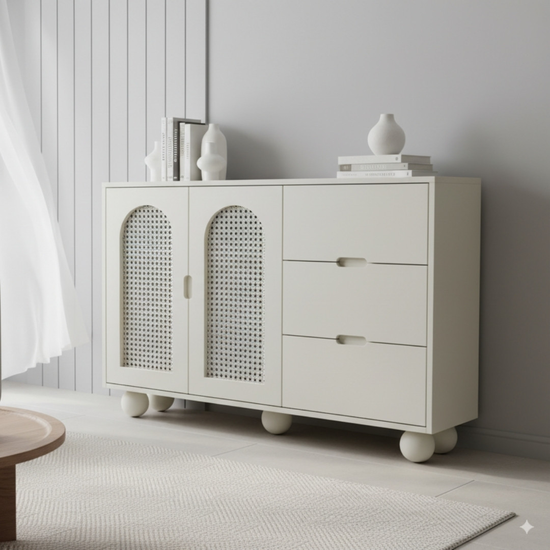 Tủ đa năng gỗ MDF phủ Melamine phối cánh mây nhựa đan thông thoáng, thiết kế hiện đại, thương hiệu KN Home Decor.