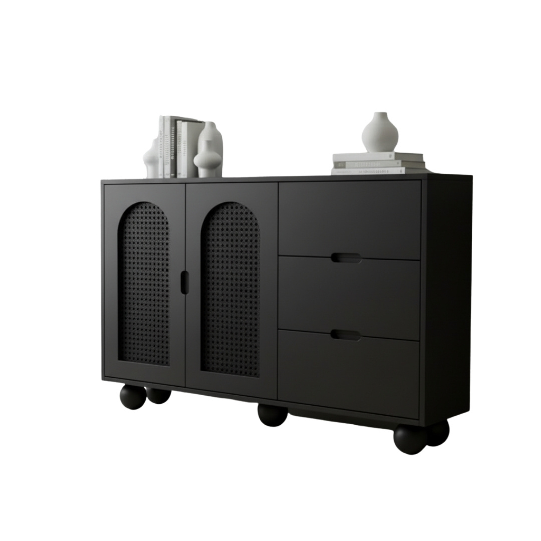 Tủ đa năng gỗ MDF phủ Melamine phối cánh mây nhựa đan thông thoáng, thiết kế hiện đại, thương hiệu KN Home Decor.