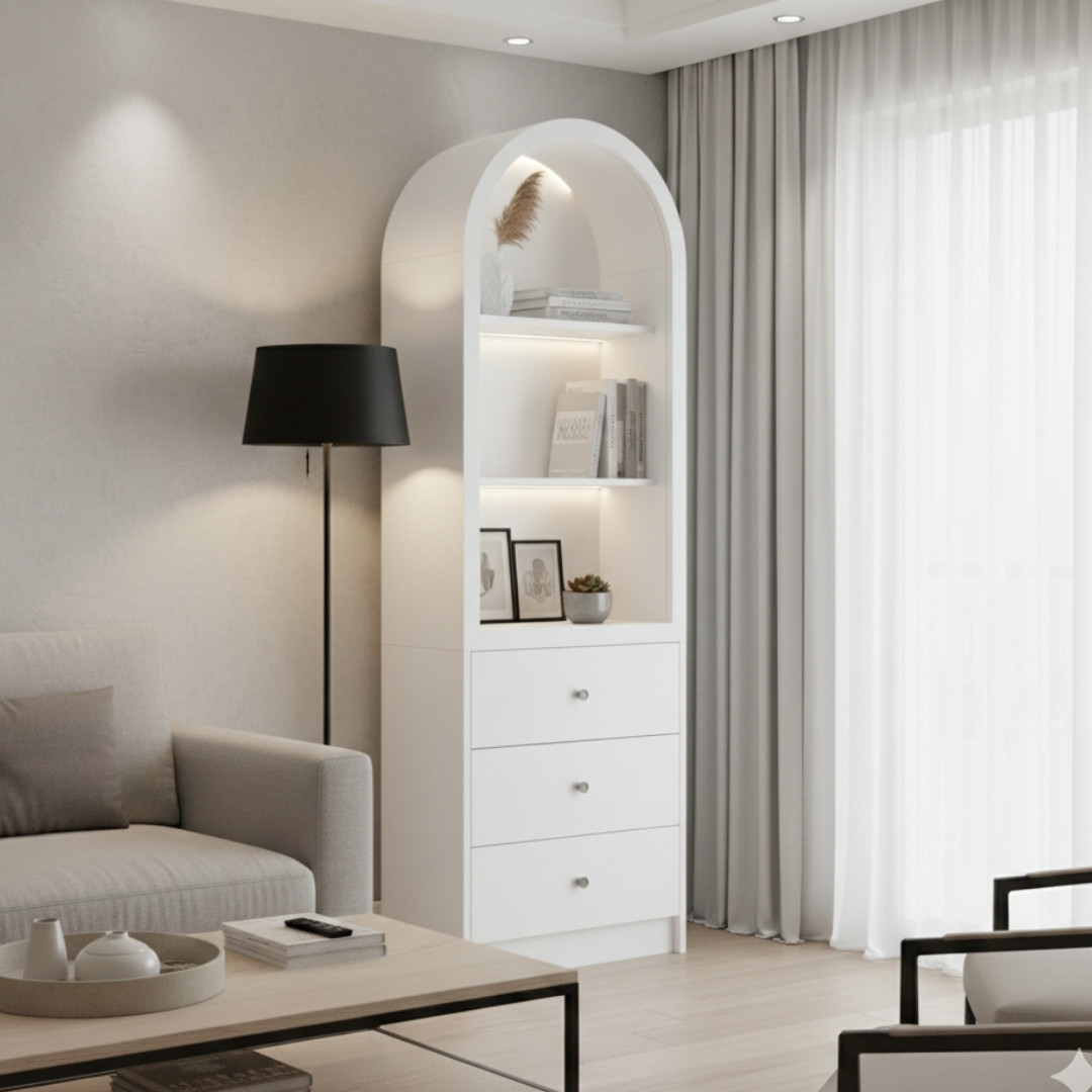 Tủ trang trí có đèn LED khay nhôm ánh sáng vàng ấm