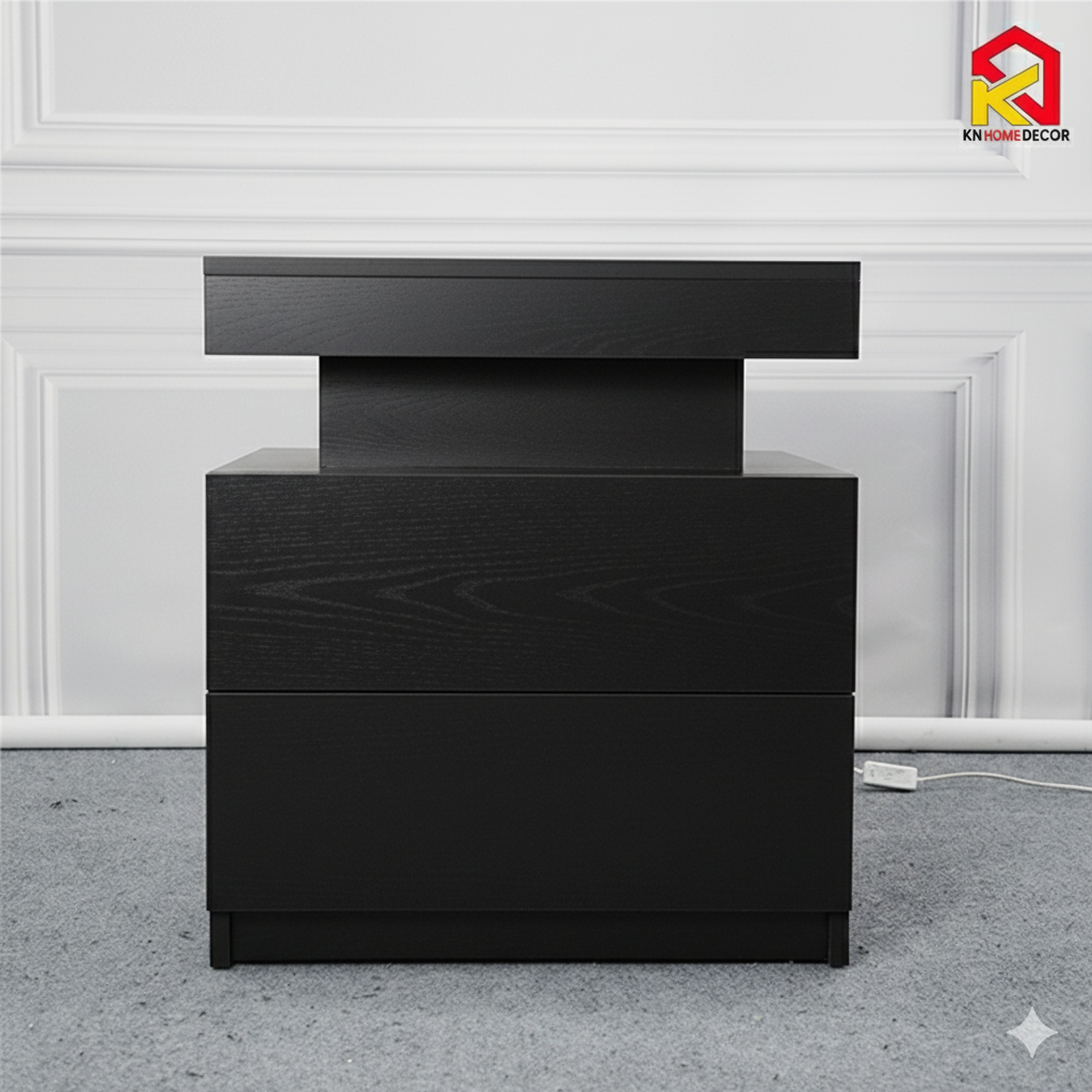 Tab đầu giường MDF phủ Melamine thiết kế tối giản, phát sáng, có ngăn kéo tiện dụng, ngăn bí mật thương hiệu KN Home Decor.