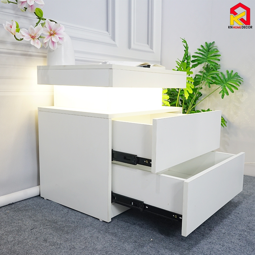 Tab đầu giường MDF phủ Melamine thiết kế tối giản, phát sáng, có ngăn kéo tiện dụng, ngăn bí mật thương hiệu KN Home Decor.