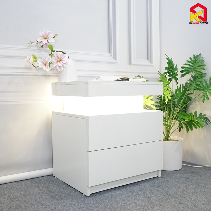 Tab đầu giường MDF phủ Melamine thiết kế tối giản, phát sáng, có ngăn kéo tiện dụng, ngăn bí mật thương hiệu KN Home Decor.