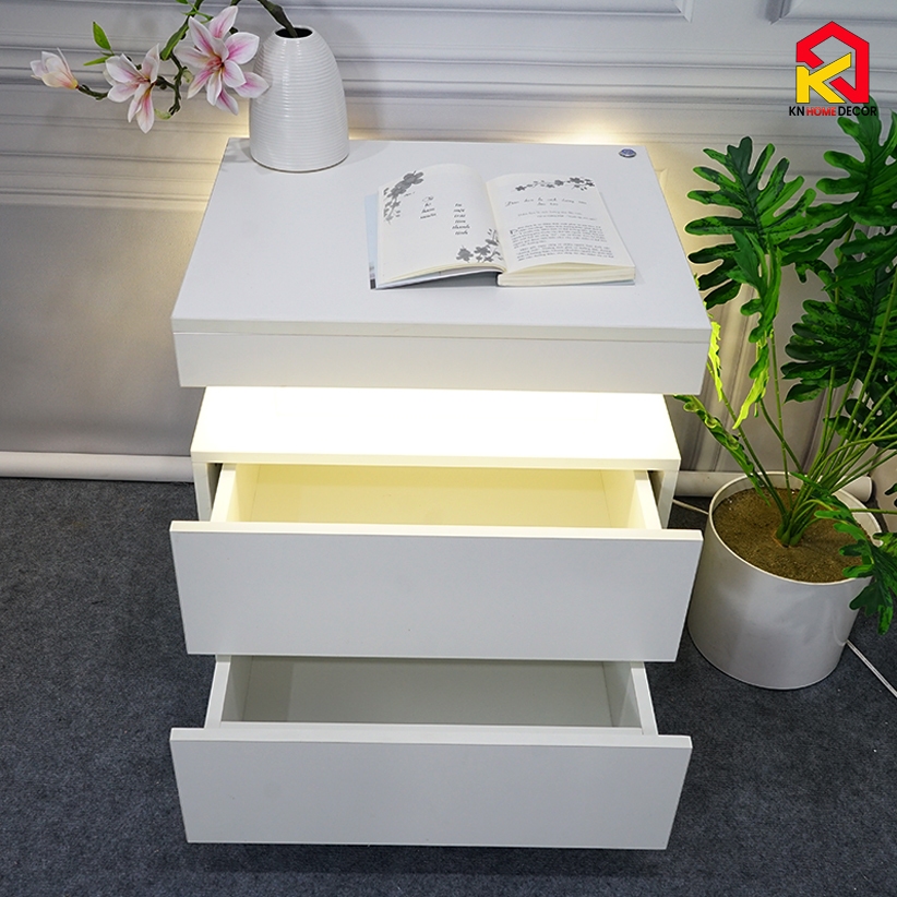 Tab đầu giường MDF phủ Melamine thiết kế tối giản, phát sáng, có ngăn kéo tiện dụng, ngăn bí mật thương hiệu KN Home Decor.