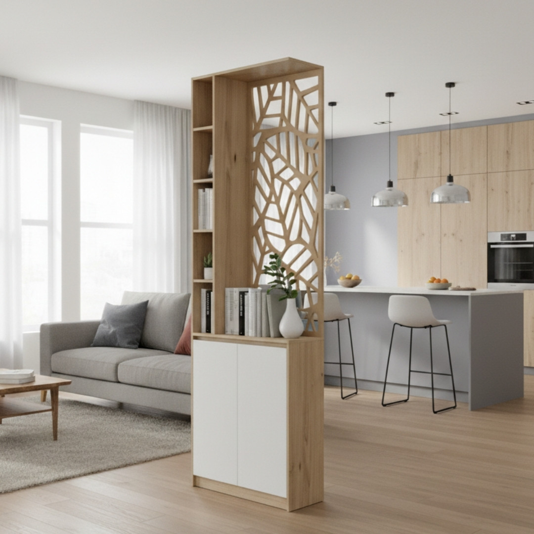 Tủ kết hợp vách CNC họa tiết giúp ngăn cách không gian tinh tế và hiện đại.