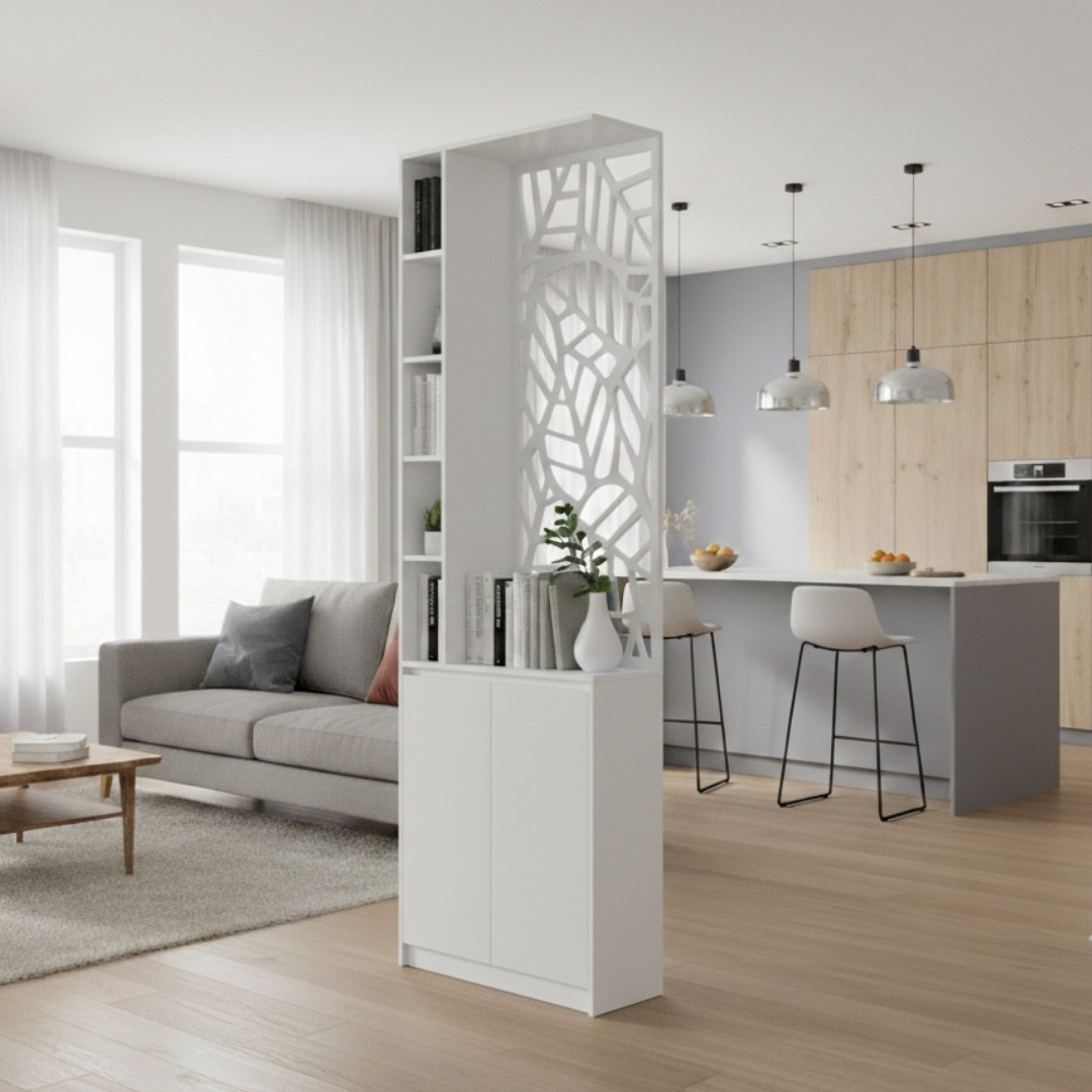 Tủ trang trí kết hợp vách ngăn giúp không gian thoáng và sang trọng.