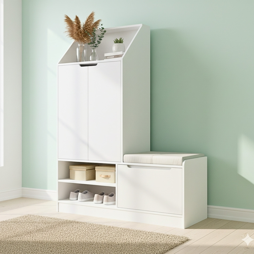 “Tủ giày lắp ráp gỗ MDF phủ Melamine dày 12-15mm, kích thước R90C120S33cm, có đệm ngồi bọc da tiện dụng. Thiết kế hiện đại, nhỏ gọn, 4 màu sắc: trắng, gỗ sồi vàng, vân gỗ xám, nâu óc chó. Phù hợp cho chung cư, nhà phố.”