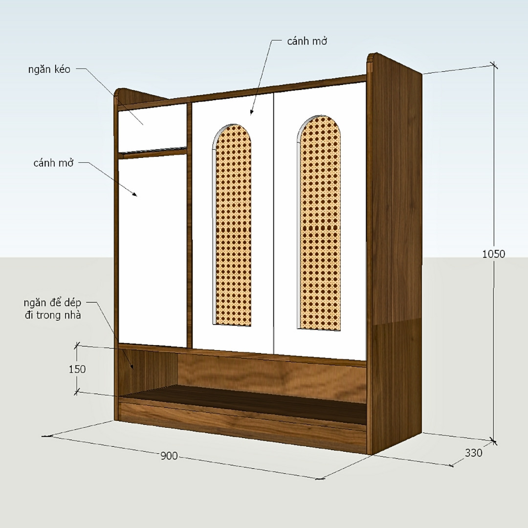 Tủ giày MDF phủ Melamine với cánh phối mây nhựa tự nhiên, thiết kế thông thoáng hiện đại, thương hiệu KN Home Decor.
