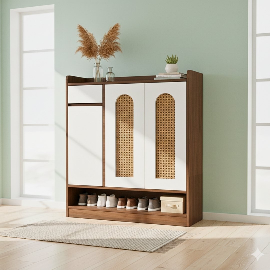 Tủ giày MDF phủ Melamine với cánh phối mây nhựa tự nhiên, thiết kế thông thoáng hiện đại, thương hiệu KN Home Decor.