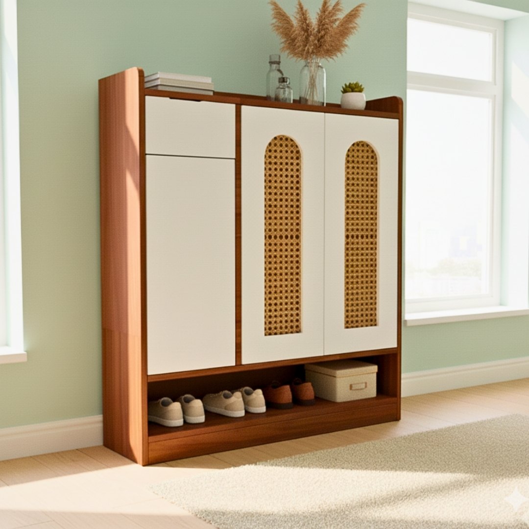 Tủ giày MDF phủ Melamine với cánh phối mây nhựa tự nhiên, thiết kế thông thoáng hiện đại, thương hiệu KN Home Decor.