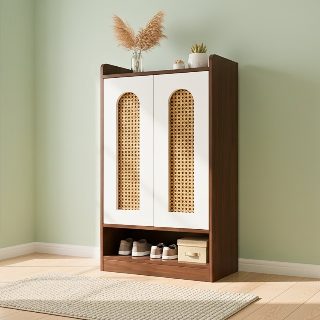 Tủ giày MDF phủ Melamine với cánh phối mây nhựa tự nhiên, thiết kế thông thoáng hiện đại, thương hiệu KN Home Decor.