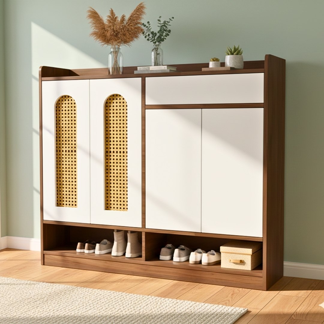 Tủ giày MDF phủ Melamine với cánh phối mây nhựa tự nhiên, thiết kế thông thoáng hiện đại, thương hiệu KN Home Decor.