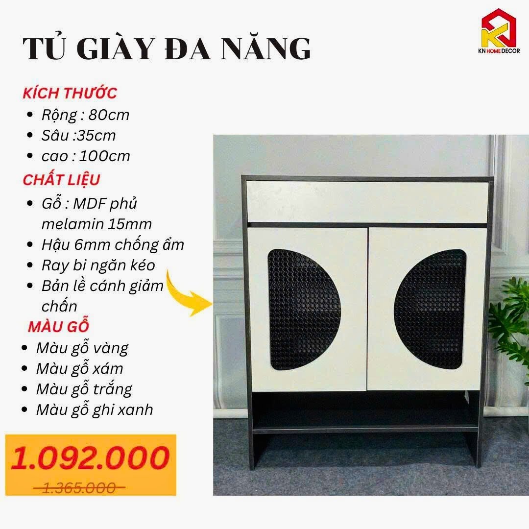 Tủ giày MDF phủ Melamine với cánh phối mây nhựa tự nhiên, thiết kế thông thoáng hiện đại, thương hiệu KN Home Decor.