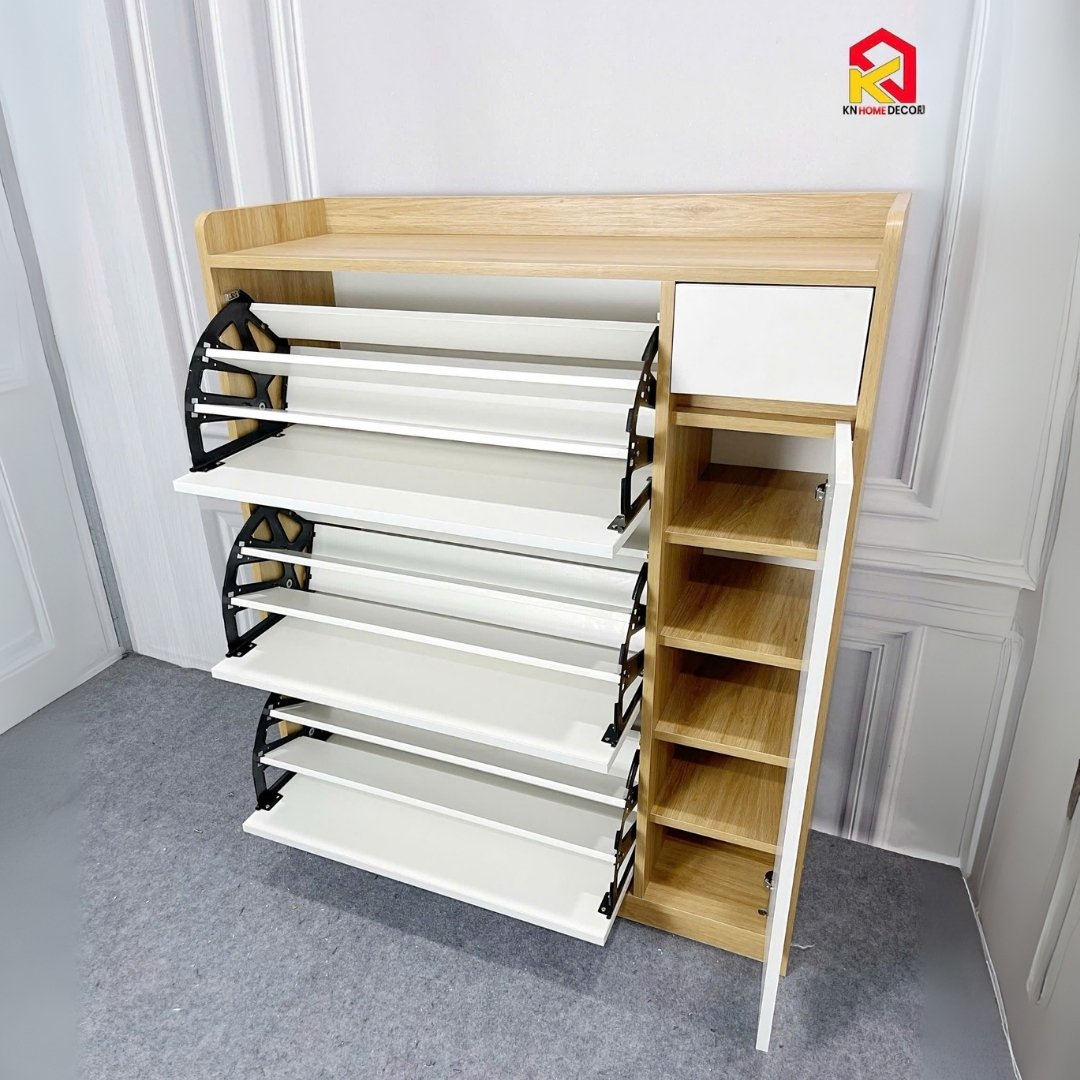 Tủ giày MDF phủ Melamine tích hợp phụ kiện thông minh, ngăn chứa linh hoạt, thiết kế hiện đại KN Home Decor.