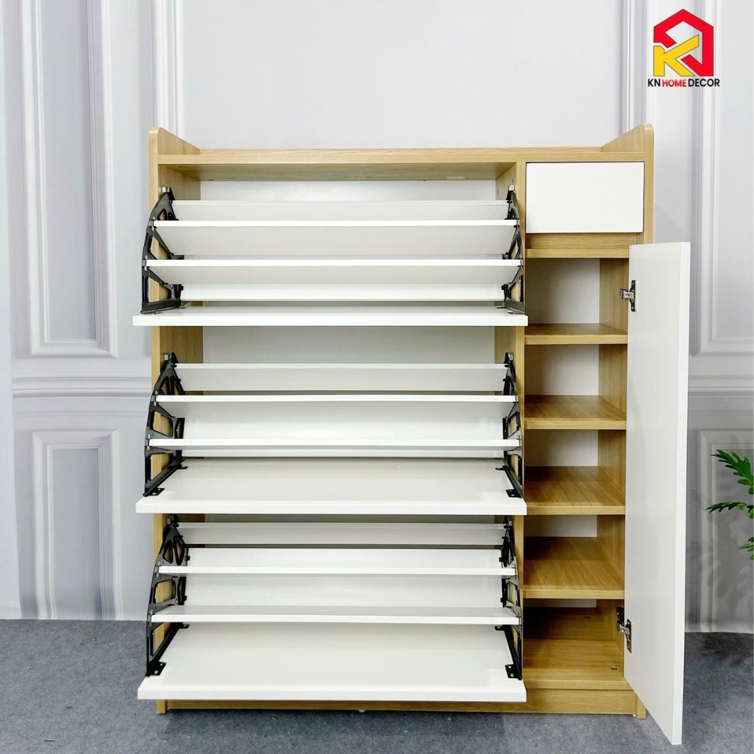 Tủ giày MDF phủ Melamine tích hợp phụ kiện thông minh, ngăn chứa linh hoạt, thiết kế hiện đại KN Home Decor.