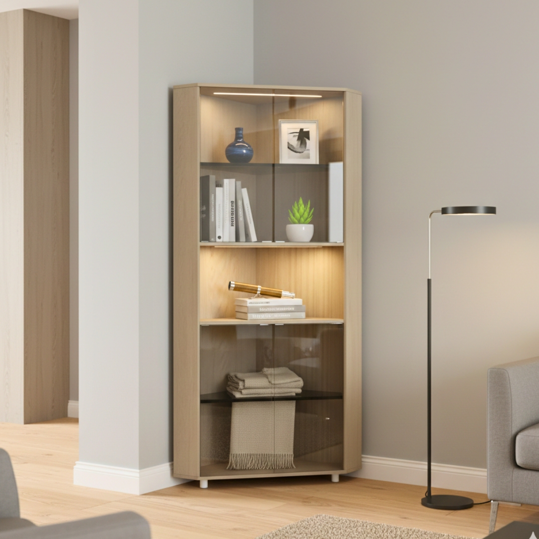 Kệ góc MDF phủ Melamine cánh kính nhiều tầng, giúp tận dụng góc tường hiệu quả, thương hiệu KN Home Decor.