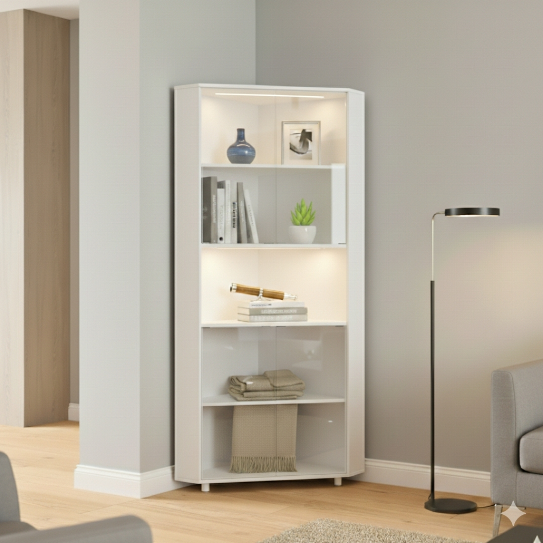 Kệ góc MDF phủ Melamine cánh kính nhiều tầng, giúp tận dụng góc tường hiệu quả, thương hiệu KN Home Decor.