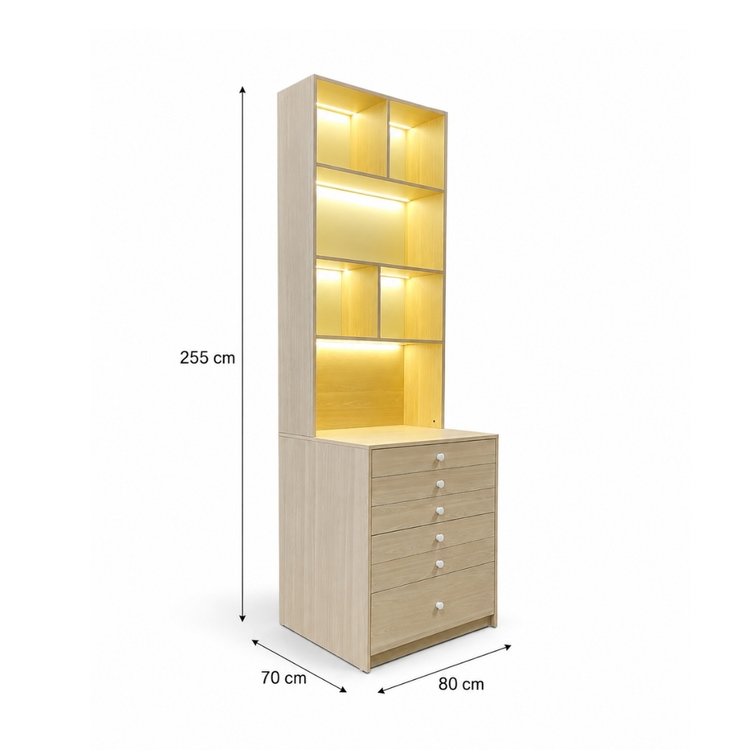 Tủ Lưu Trữ 6 Ngăn Kéo Kèm Kệ Decor LED MDF Melamine 80x70x255cm – KN TLT8070255