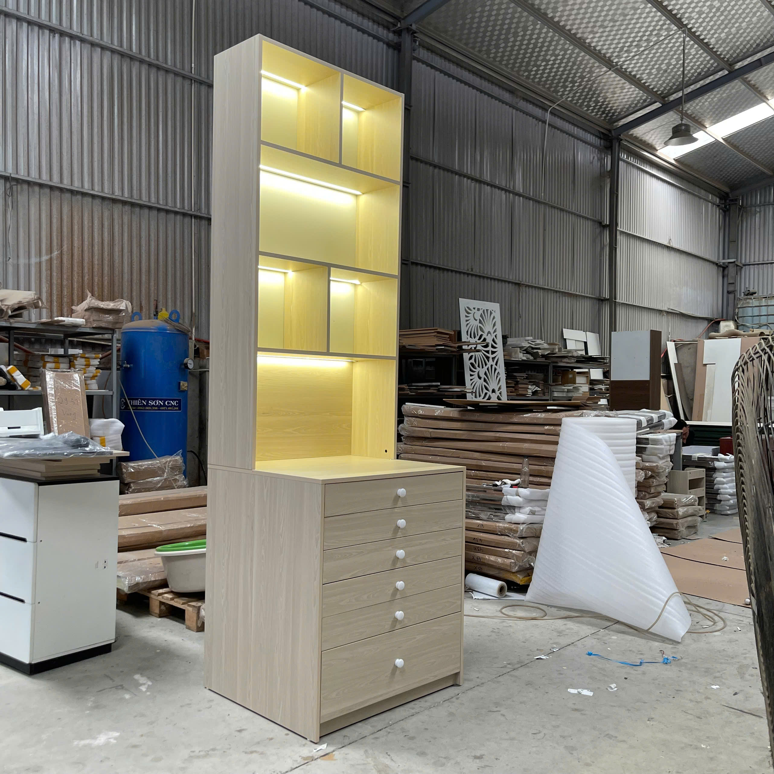 Tủ Lưu Trữ 6 Ngăn Kéo Kèm Kệ Decor LED MDF Melamine 80x70x255cm – KN TLT8070255