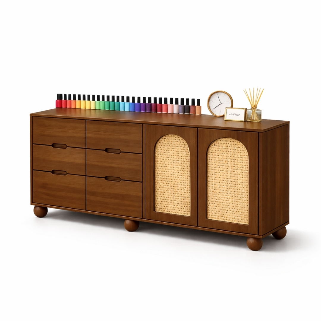 Tủ Lưu Trữ Đa Năng MDF Melamine 160x40x80cm Kết Hợp Ngăn Kéo & Cánh Mở Mây Đan Hiện Đại KN Home Decor