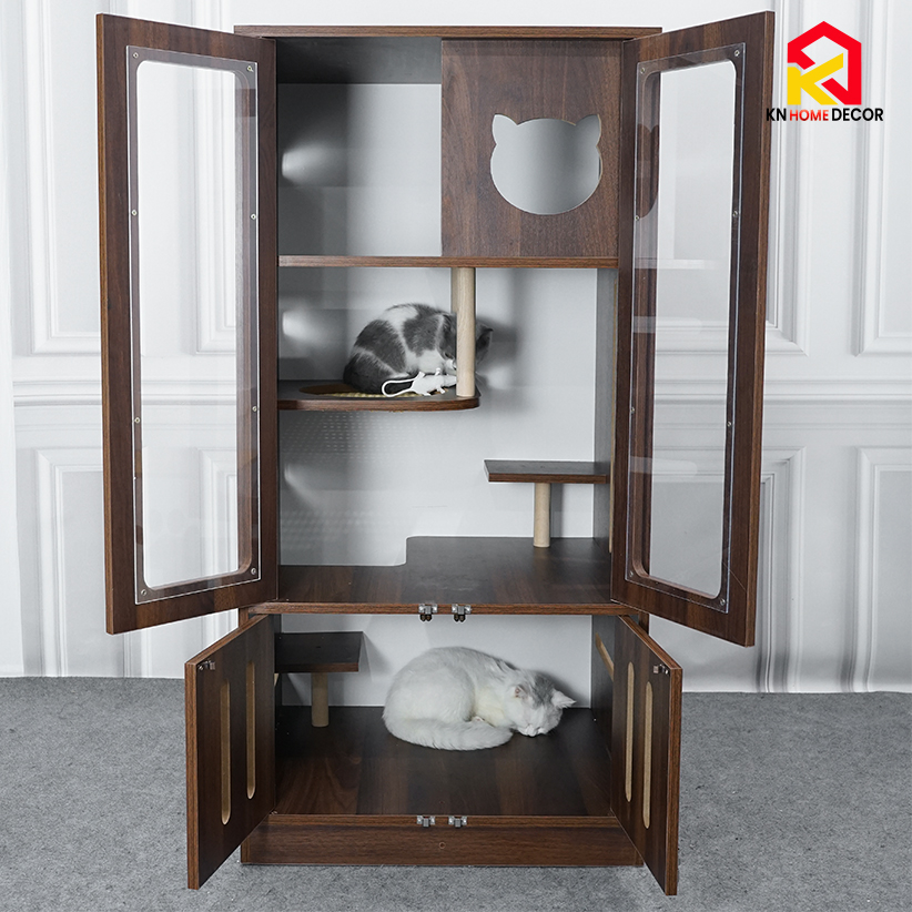 Tủ nuôi mèo 3 tầng gỗ MDF phủ Melamine cánh mica TM05 KN Home Decor