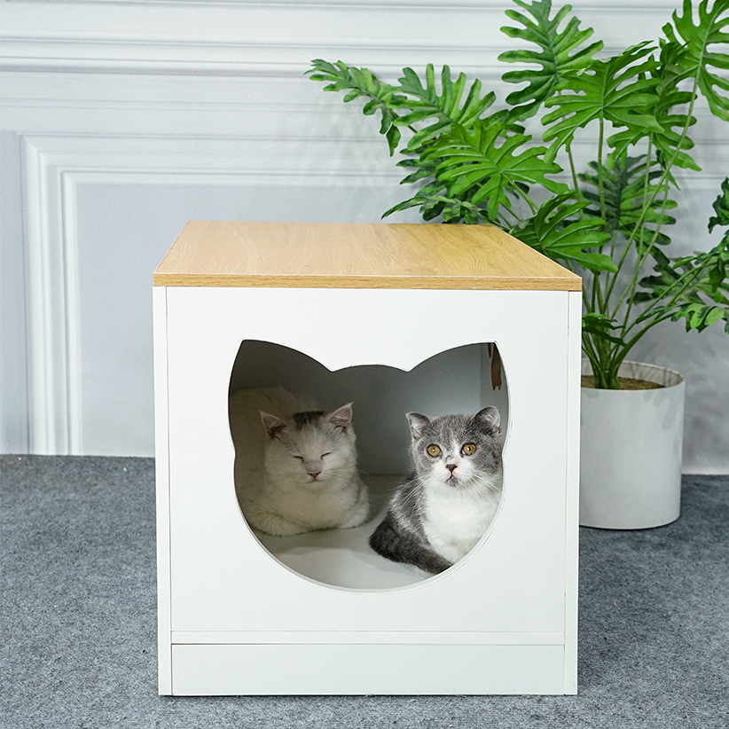 Chuồng mèo MDF phủ Melamine có ô thông thoáng, cửa kính mica và ngăn vệ sinh, thương hiệu KN Home Decor.