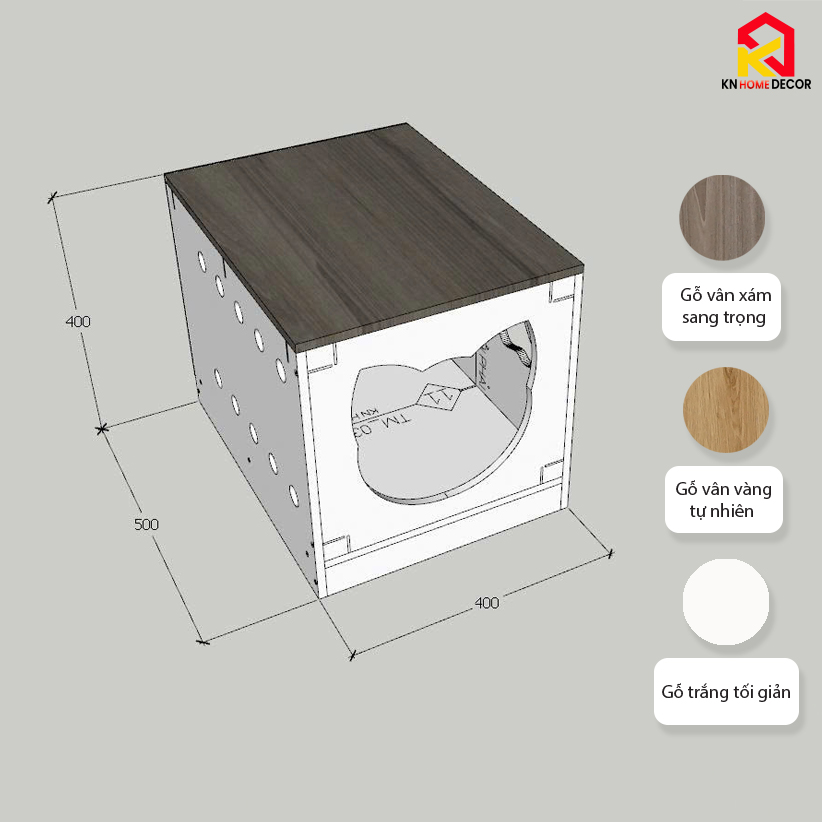 Chuồng mèo MDF phủ Melamine có ô thông thoáng, cửa kính mica và ngăn vệ sinh, thương hiệu KN Home Decor.