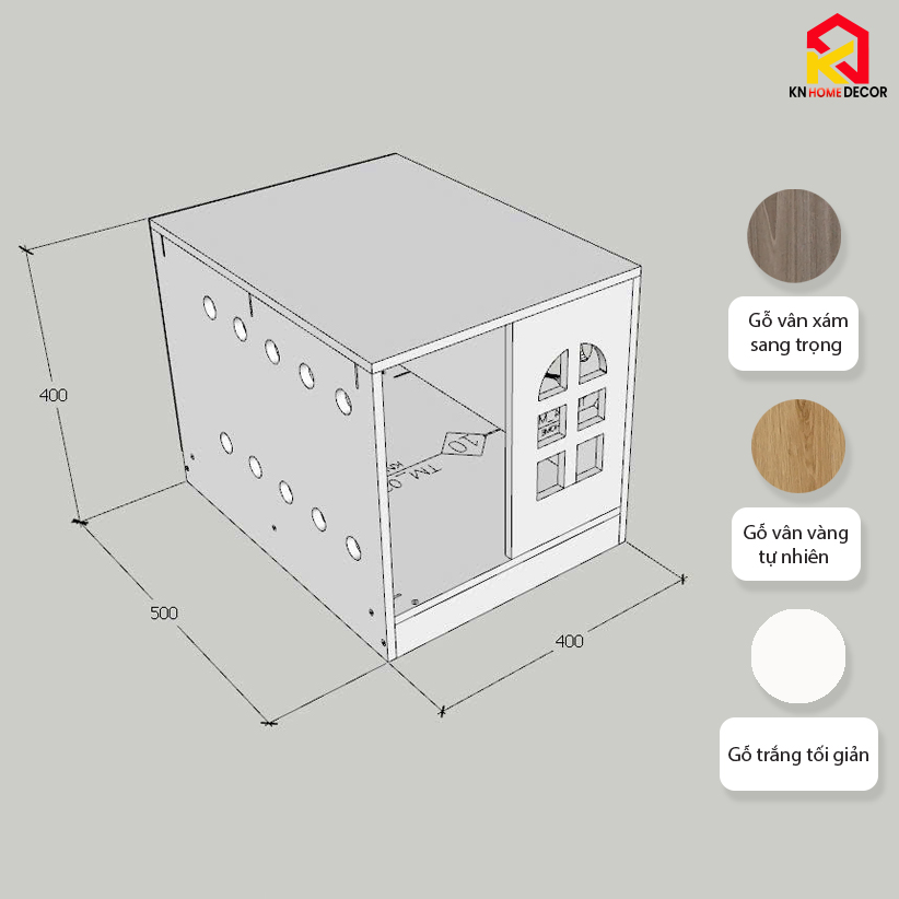 Chuồng mèo MDF phủ Melamine có ô thông thoáng, cửa kính mica và ngăn vệ sinh, thương hiệu KN Home Decor.